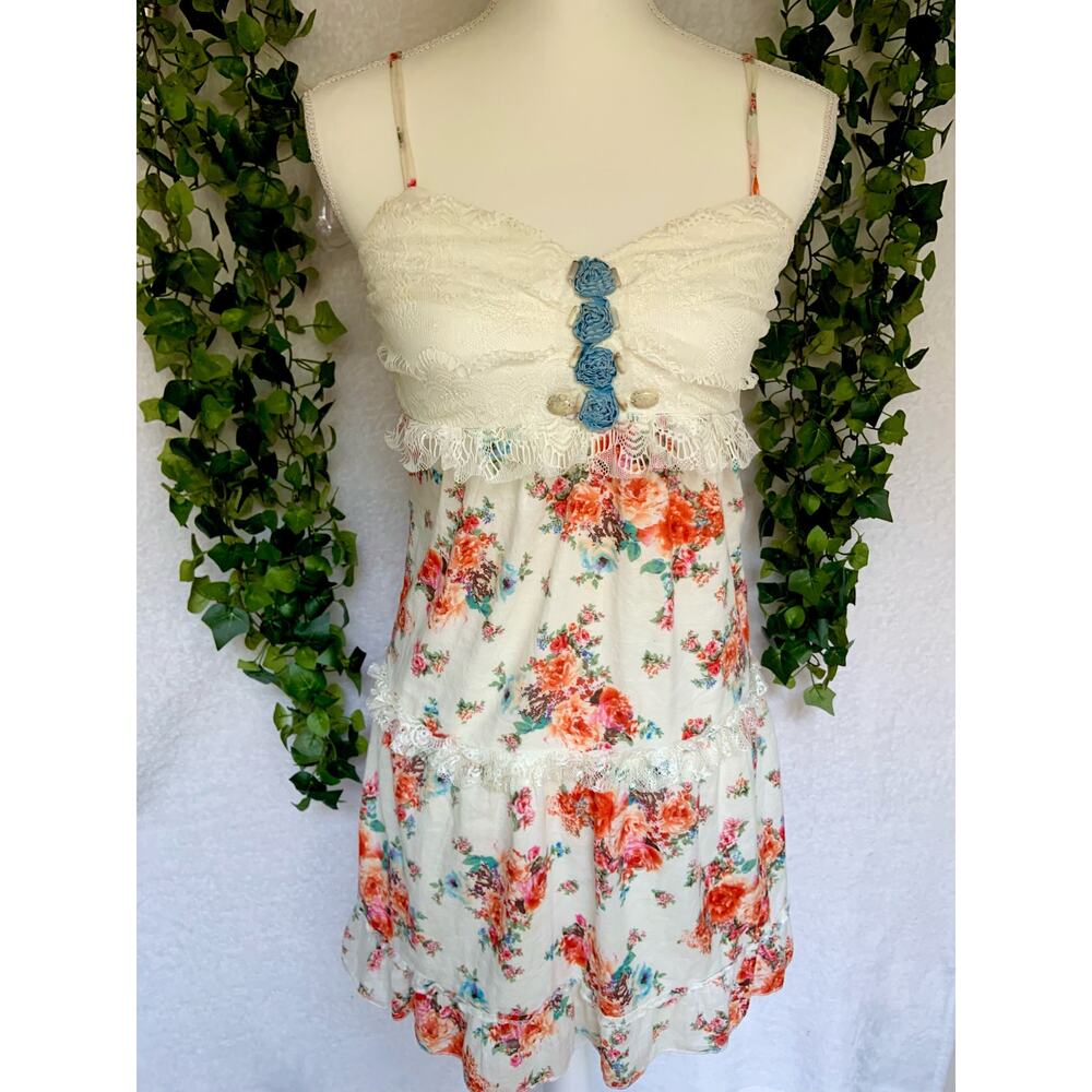 Farinelli Vintage Cream Pink 100% Cotton Mini Dress with Stone Beads SZ Small